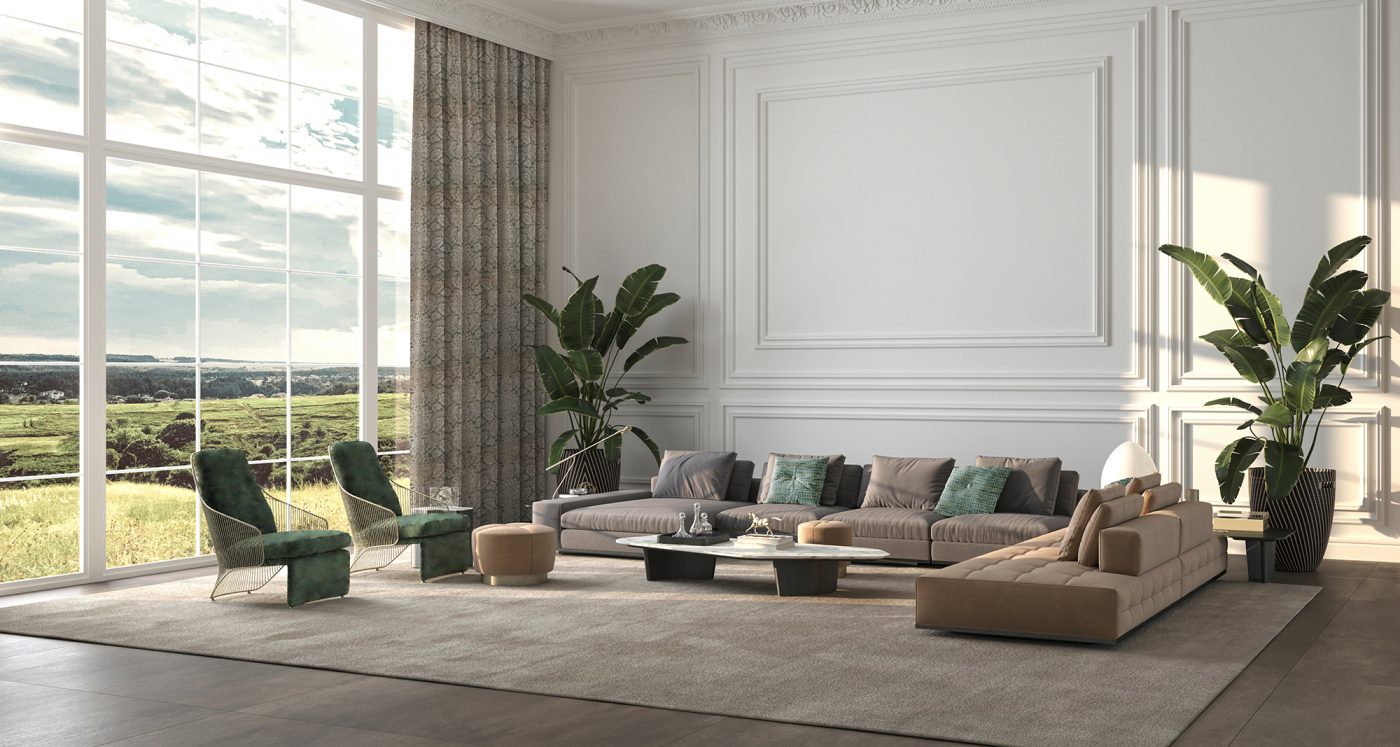 Modern luxury interior background with panoramic windows and nature landscape view, plants, classic panels wall mock up, beige sofa. Design living room with large white window. 3d render illustration.